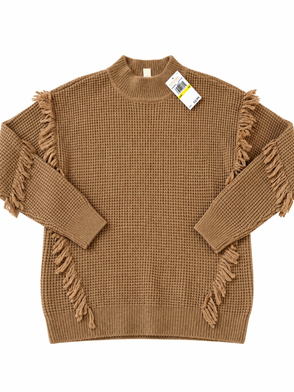 Michael Kors Tan Fringe Waffle Knit Crewneck Sweater